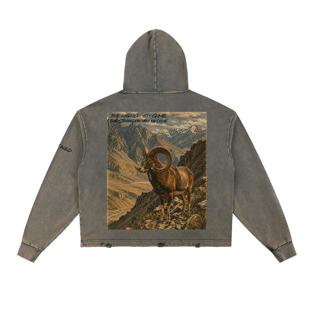 Bighorn Ram Graphic Vintage Washed Frayed-Hem Hoodie