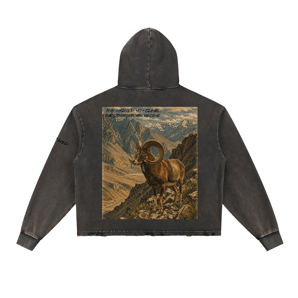 Bighorn Ram Graphic Vintage Washed Frayed-Hem Hoodie