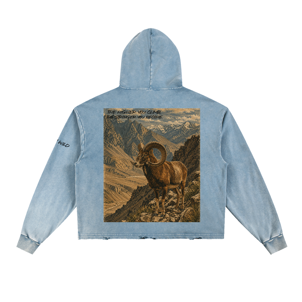 Bighorn Ram Graphic Vintage Washed Frayed-Hem Hoodie