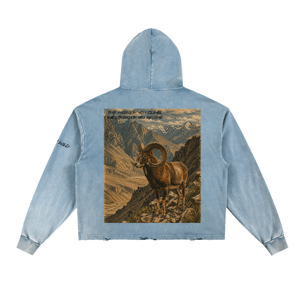 Bighorn Ram Graphic Vintage Washed Frayed-Hem Hoodie