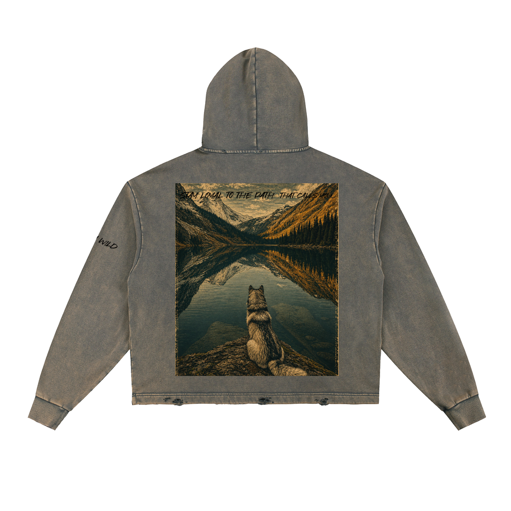 Wolf Graphic Vintage Washed Frayed-Hem Hoodie